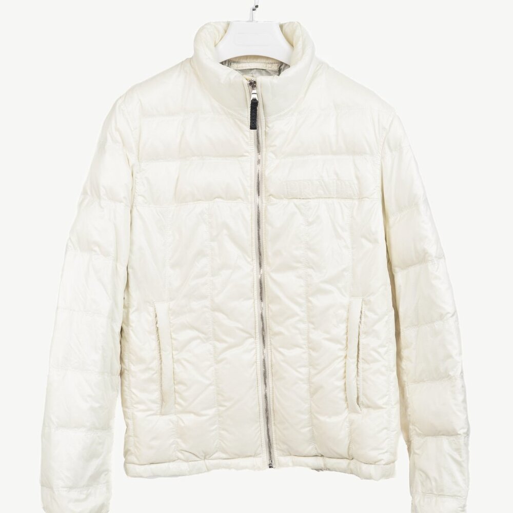 Prada Cream Nylon Embroidered-Logo Quilted Down Puffer